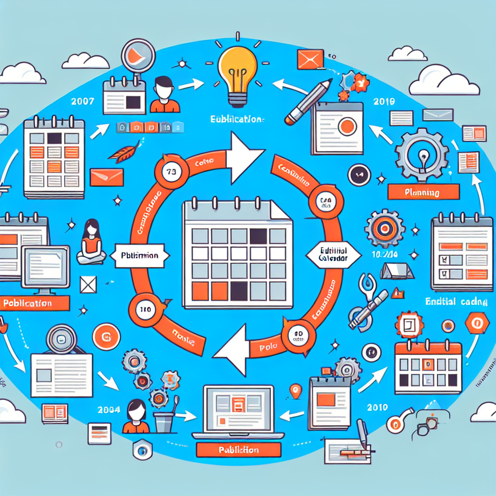 Un'infografica che illustra il processo di creazione e gestione dei contenuti, dalla pianificazione alla pubblicazione e all'analisi. 