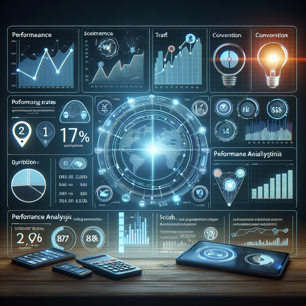 Uno screenshot di una dashboard di analisi che mostra metrica chiave come traffico del sito, engagement sui social media e tassi di conversione. 