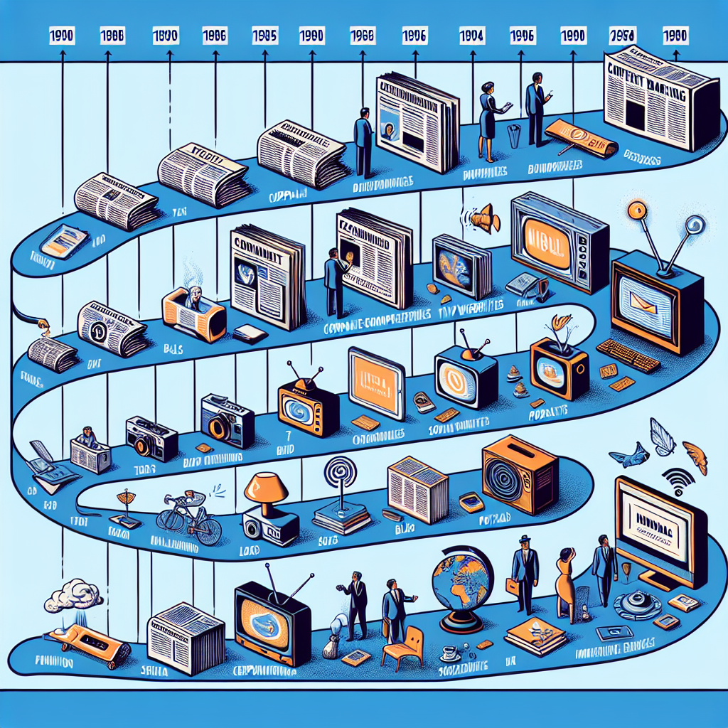 Un'immagine che mostra una timeline dell'evoluzione del content marketing, partendo dalle prime guide aziendali fino alle moderne strategie digitali multicanale. 