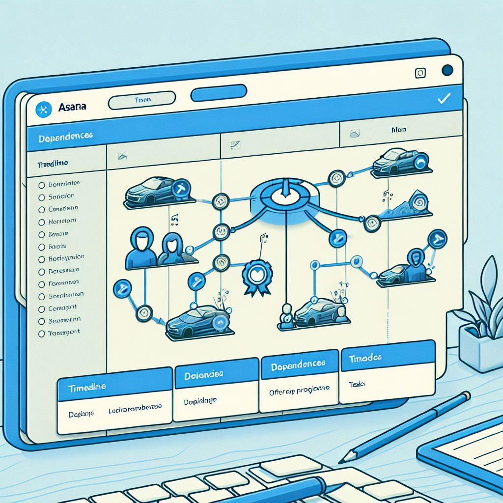 Screenshot che mostra la dashboard di Asana con un progetto in corso, evidenziando la timeline e le dipendenze tra le attività.