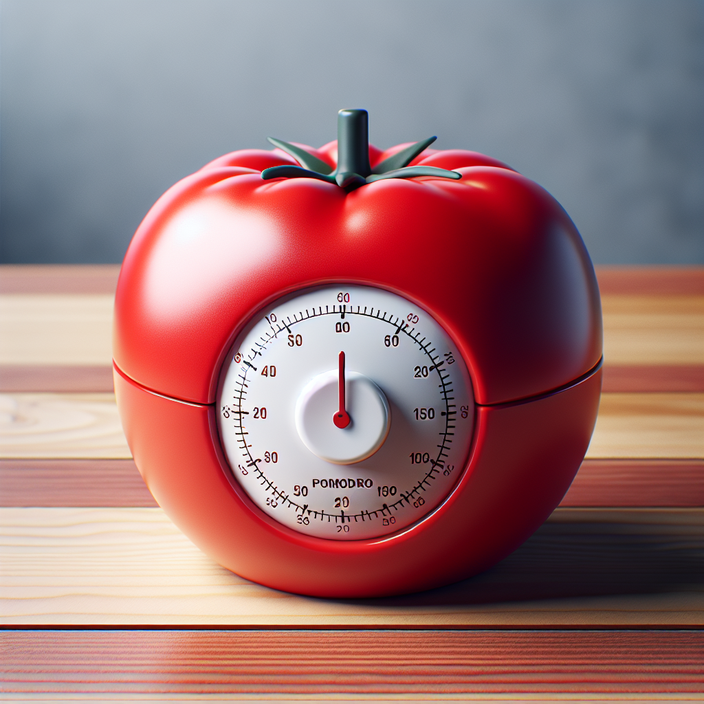 Immagine di un classico timer da cucina a forma di pomodoro, simbolo della tecnica del Pomodoro.