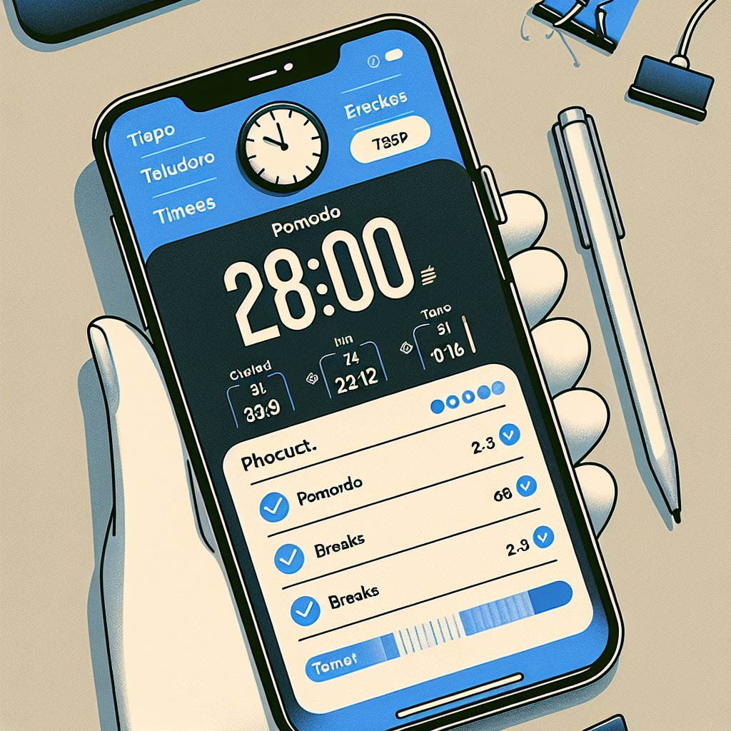 Screenshot di un'app di gestione del tempo che integra la tecnica del Pomodoro, mostrando il timer e le pause programmate.